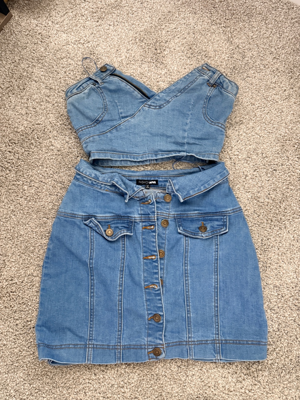 Fashion Nova Light Blue Denim crop top and skirt set